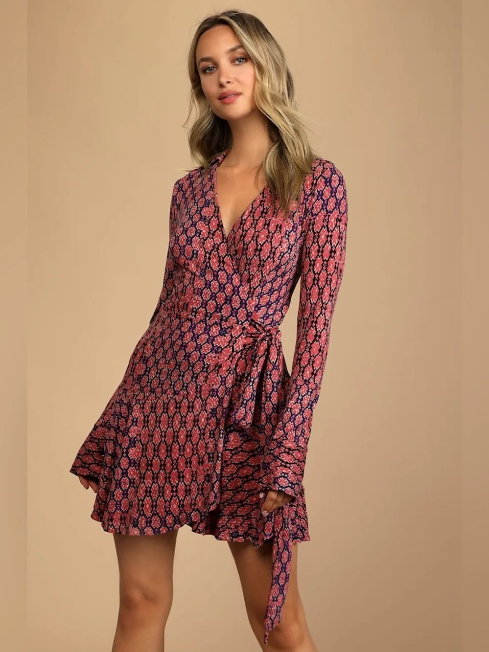 Free People Rhetta Rusty Rose Multi Print Mini Wrap Dress- Size XS